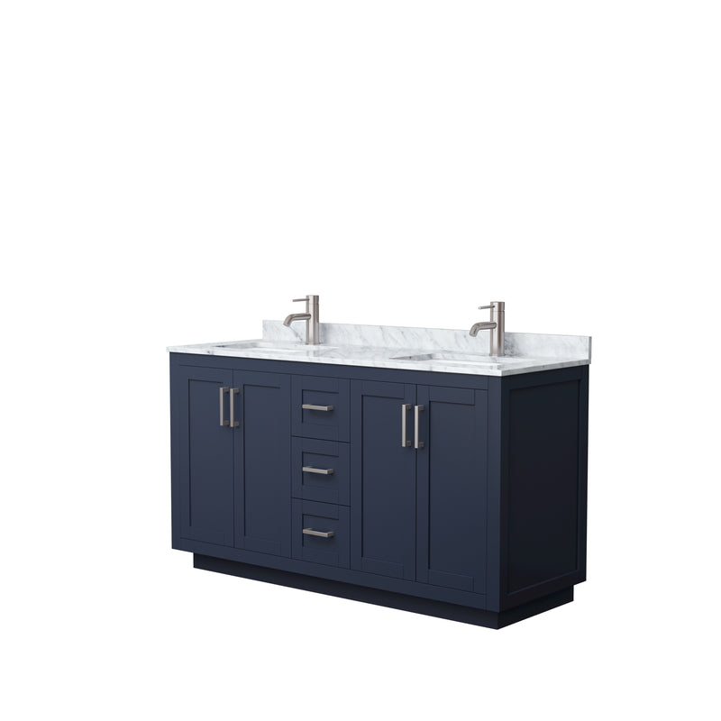 Wyndham Miranda 60" Double Bathroom Vanity In Dark Blue White Carrara Marble Countertop Undermount Square Sinks Brushed Nickel Trims And No Mirror WCF292960DBNCMUNSMXX