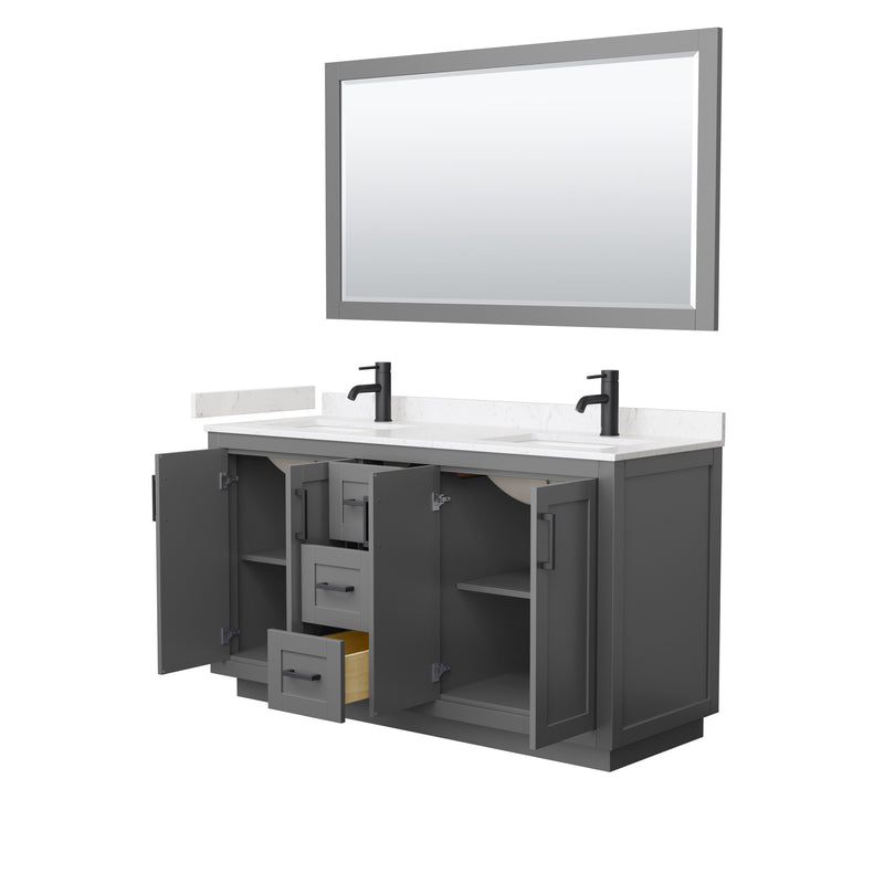 Wyndham Miranda 60" Double Bathroom Vanity In Dark Gray Light-Vein Carrara Cultured Marble Countertop Undermount Square Sinks Black Trims and 58" Mirror WCF292960DGBC2UNSM58