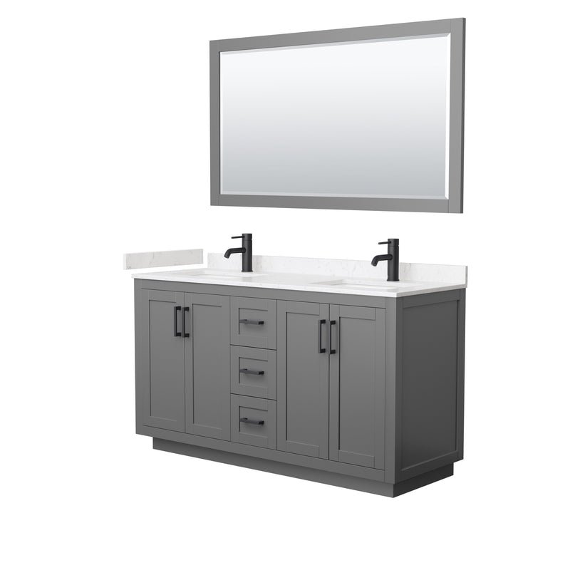 Wyndham Miranda 60" Double Bathroom Vanity In Dark Gray Light-Vein Carrara Cultured Marble Countertop Undermount Square Sinks Black Trims And 58" Mirror WCF292960DGBC2UNSM58