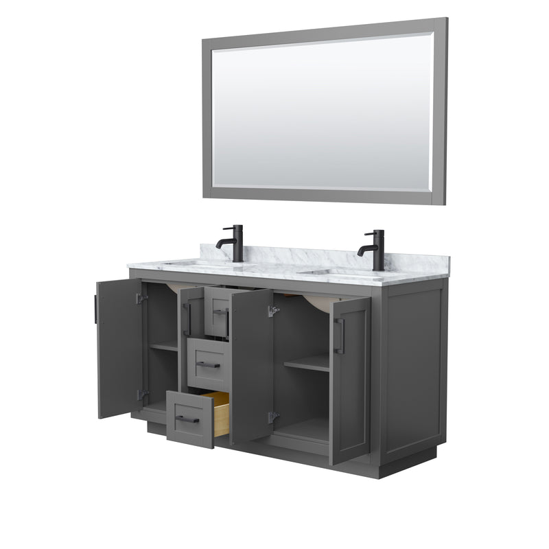 Wyndham Miranda 60" Double Bathroom Vanity In Dark Gray White Carrara Marble Countertop Undermount Square Sinks Black Trims and 58" Mirror WCF292960DGBCMUNSM58