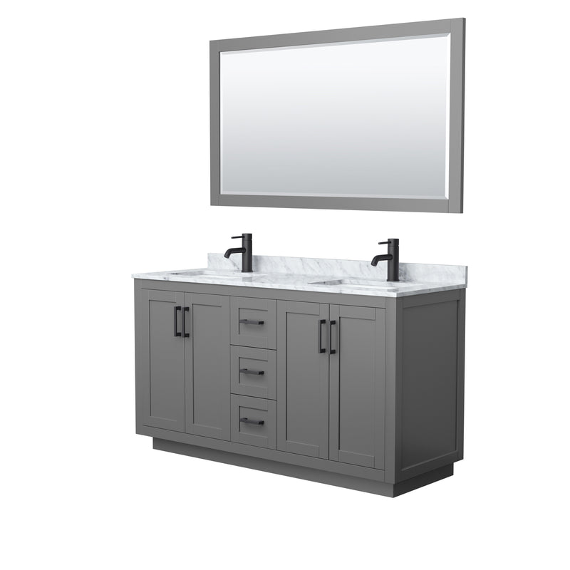 Wyndham Miranda 60" Double Bathroom Vanity In Dark Gray White Carrara Marble Countertop Undermount Square Sinks Black Trims And 58" Mirror WCF292960DGBCMUNSM58