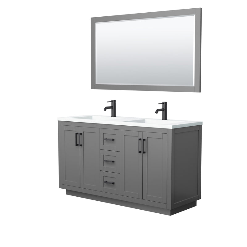 Wyndham Miranda 60" Double Bathroom Vanity In Dark Gray Matte White Solid Surface In 1.25" Thickness Integrated Sinks Black Trims And 58" Mirror WCF292960DGBK1INTM58