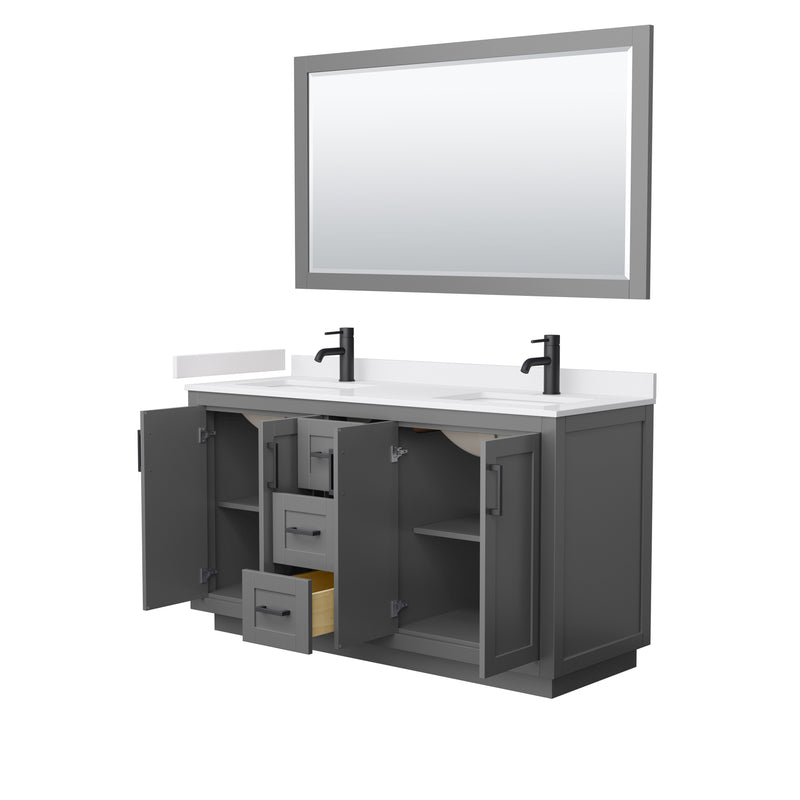 Wyndham Miranda 60" Double Bathroom Vanity In Dark Gray White Cultured Marble Countertop Undermount Square Sinks Black Trims and 58" Mirror WCF292960DGBWCUNSM58