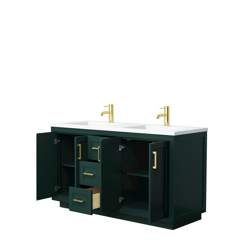 Wyndham Miranda 60" Double Bathroom Vanity In Green 1.25" Thick Matte White Solid Surface Countertop Integrated Sinks Brushed Gold Trim WCF292960DGDK1INTMXX