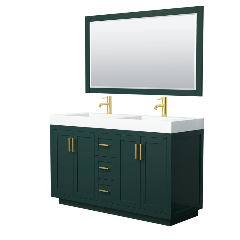 Wyndham Miranda 60" Double Bathroom Vanity In Green 4" Thick Matte White Solid Surface Countertop Integrated Sinks Brushed Gold Trim 58" Mirror WCF292960DGDK4INTM58