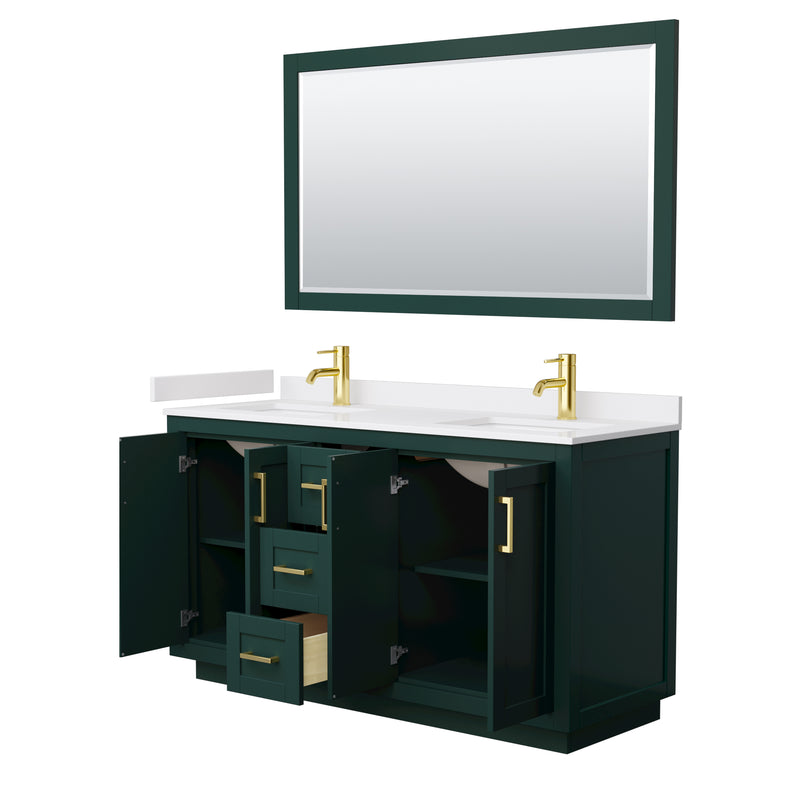 Wyndham Miranda 60" Double Bathroom Vanity In Green White Cultured Marble Countertop Undermount Square Sinks Brushed Gold Trim 58" Mirror WCF292960DGDWCUNSM58