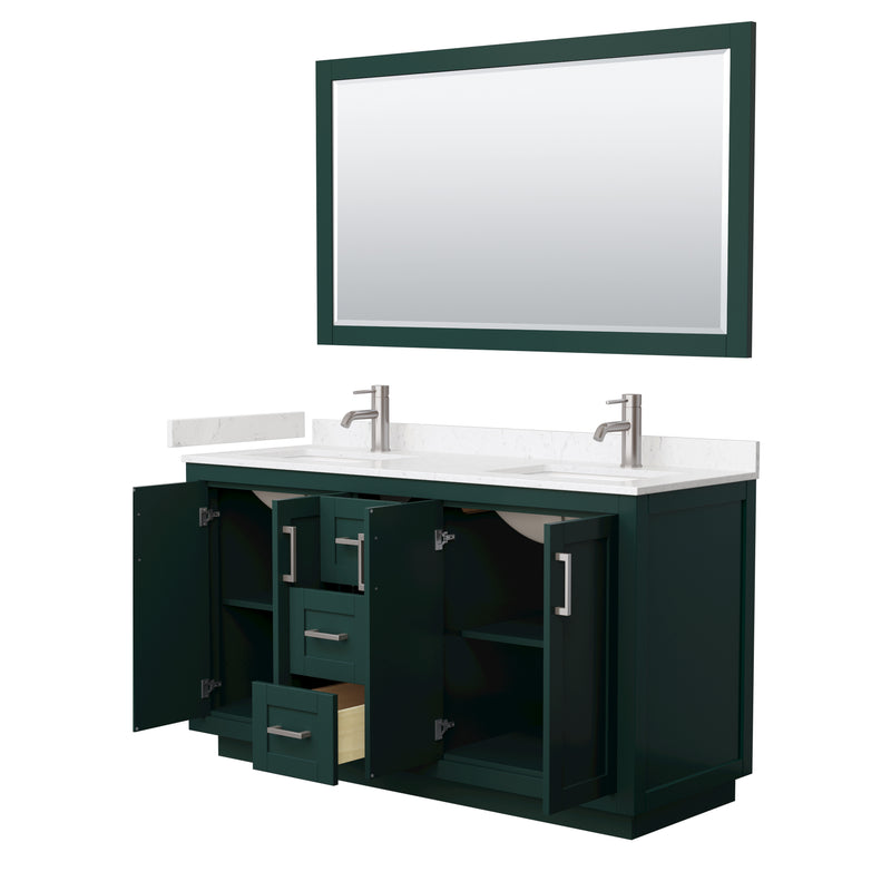 Wyndham Miranda 60" Double Bathroom Vanity In Green Light-Vein Carrara Cultured Marble Countertop Undermount Square Sinks Brushed Nickel Trim 58" Mirror WCF292960DGEC2UNSM58