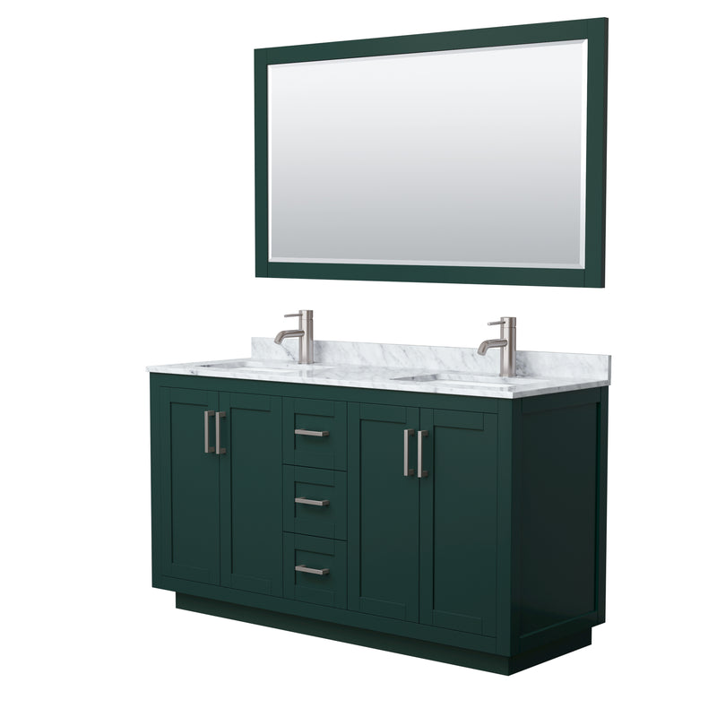 Wyndham Miranda 60" Double Bathroom Vanity In Green White Carrara Marble Countertop Undermount Square Sinks Brushed Nickel Trim 58" Mirror WCF292960DGECMUNSM58