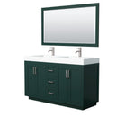 Wyndham Miranda 60" Double Bathroom Vanity In Green 4" Thick Matte White Solid Surface Countertop Integrated Sinks Brushed Nickel Trim 58" Mirror WCF292960DGEK4INTM58