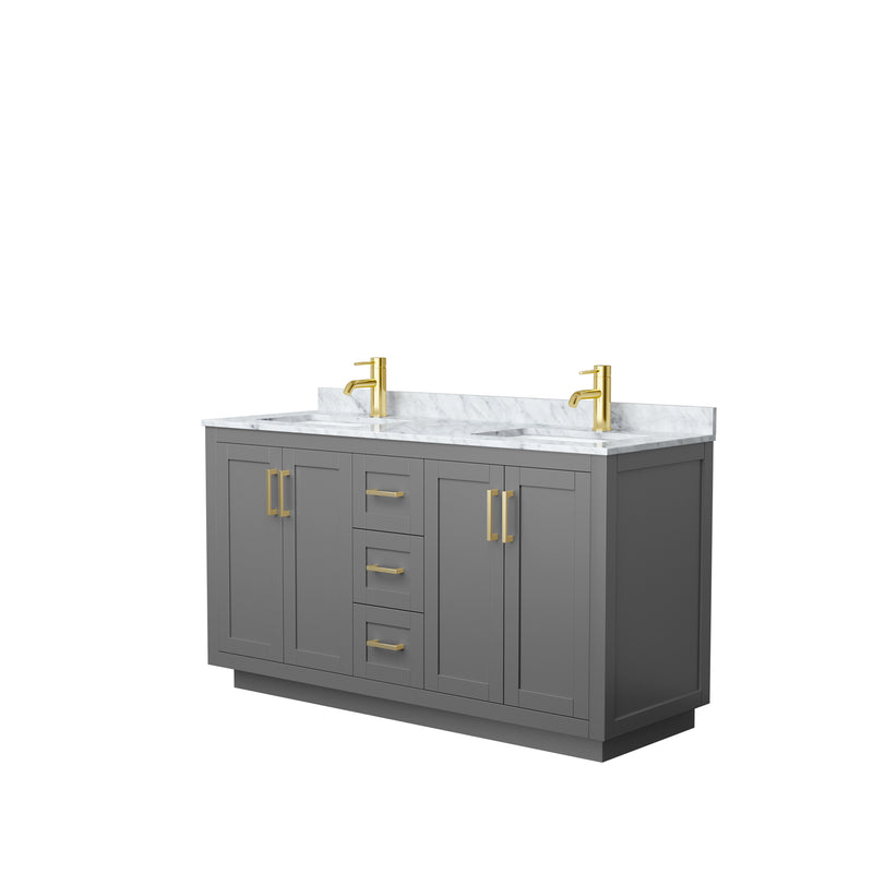 Wyndham Miranda 60" Double Bathroom Vanity In Dark Gray White Carrara Marble Countertop Undermount Square Sinks Brushed Gold Trims And No Mirror WCF292960DGGCMUNSMXX