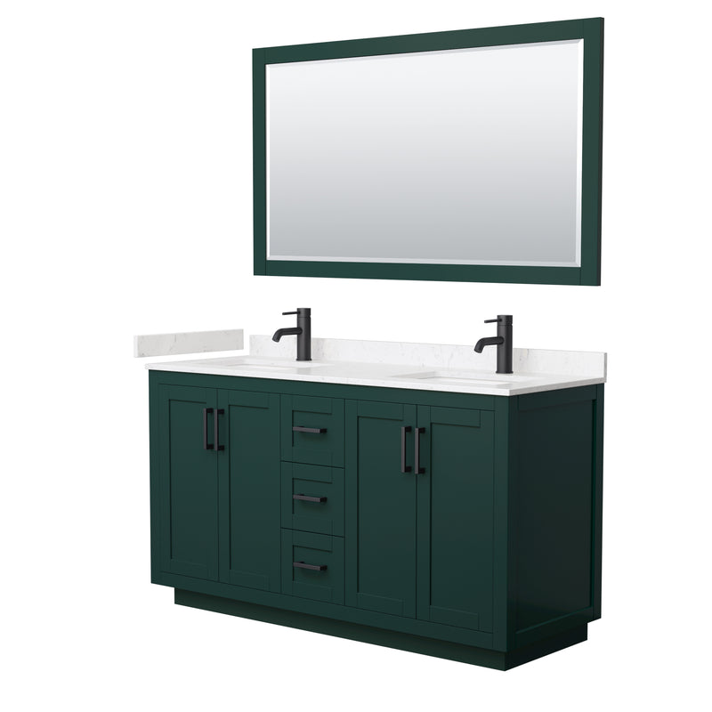 Wyndham Miranda 60" Double Bathroom Vanity In Green Light-Vein Carrara Cultured Marble Countertop Undermount Square Sinks Matte Black Trim 58" Mirror WCF292960DGKC2UNSM58