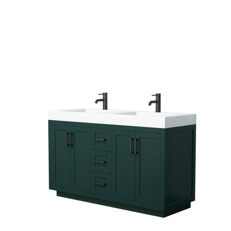 Wyndham Miranda 60" Double Bathroom Vanity In Green 4" Thick Matte White Solid Surface Countertop Integrated Sinks Matte Black Trim WCF292960DGKK4INTMXX