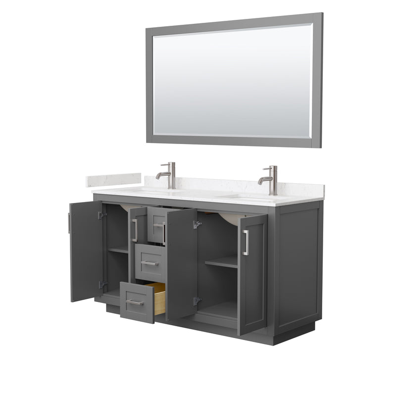 Wyndham Miranda 60" Double Bathroom Vanity In Dark Gray Light-Vein Carrara Cultured Marble Countertop Undermount Square Sinks Brushed Nickel Trims and 58" M WCF292960DKGC2UNSM58