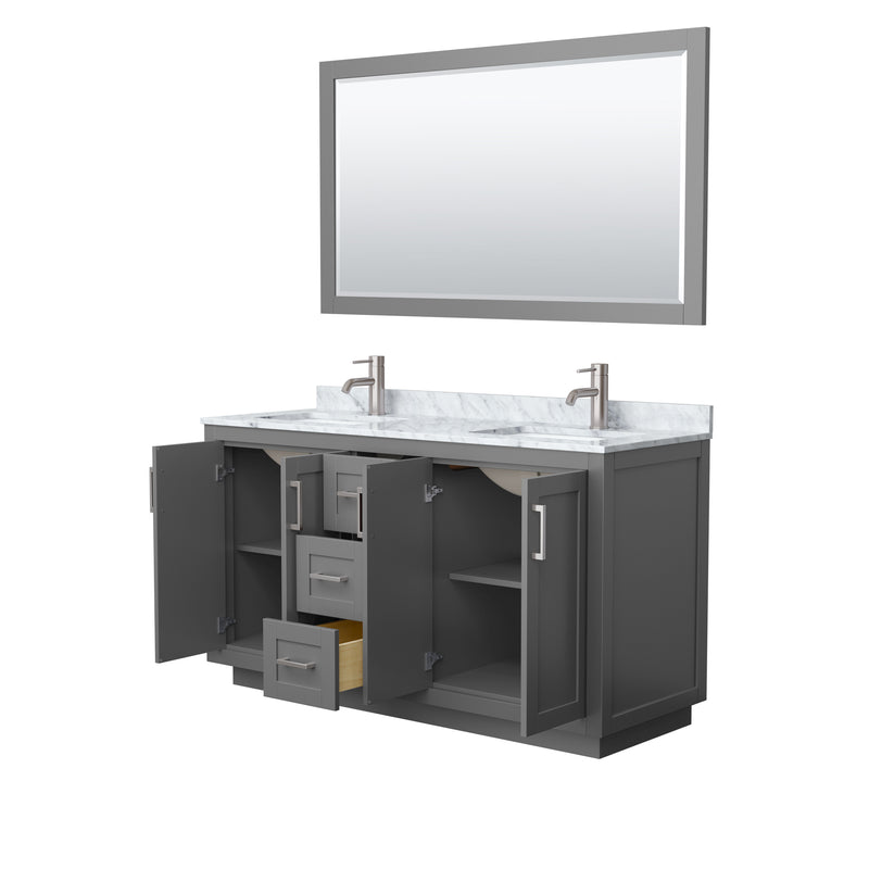 Wyndham Miranda 60" Double Bathroom Vanity In Dark Gray White Carrara Marble Countertop Undermount Square Sinks Brushed Nickel Trims and 58" Mirror WCF292960DKGCMUNSM58