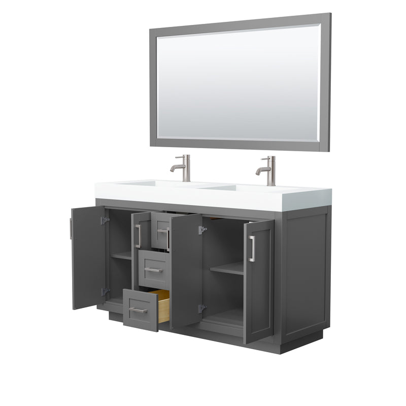 Wyndham Miranda 60" Double Bathroom Vanity In Dark Gray Matte White Solid Surface In 4" Thickness Integrated Sinks Brushed Nickel Trims and 58" Mirror WCF292960DKGK4INTM58