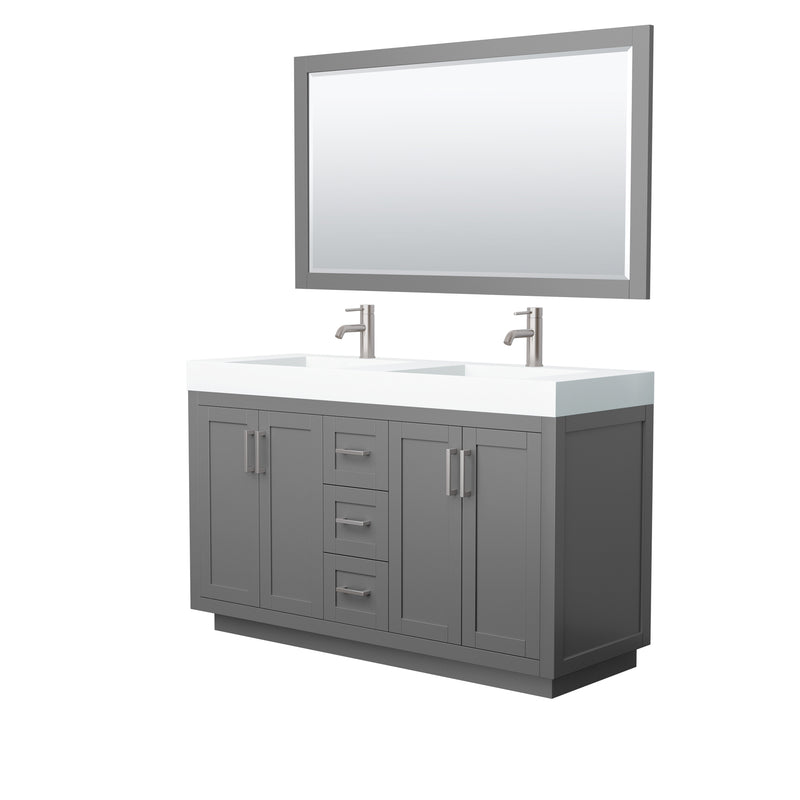 Wyndham Miranda 60" Double Bathroom Vanity In Dark Gray Matte White Solid Surface In 4" Thickness Integrated Sinks Brushed Nickel Trims And 58" Mirror WCF292960DKGK4INTM58