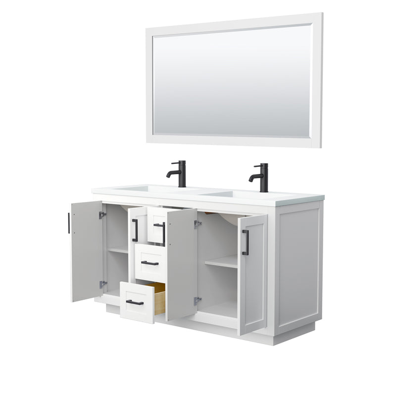 Wyndham Miranda 60" Double Bathroom Vanity In White Matte White Solid Surface In 1.25" Thickness Integrated Sinks Black Trims and 58" Mirror WCF292960DWBK1INTM58