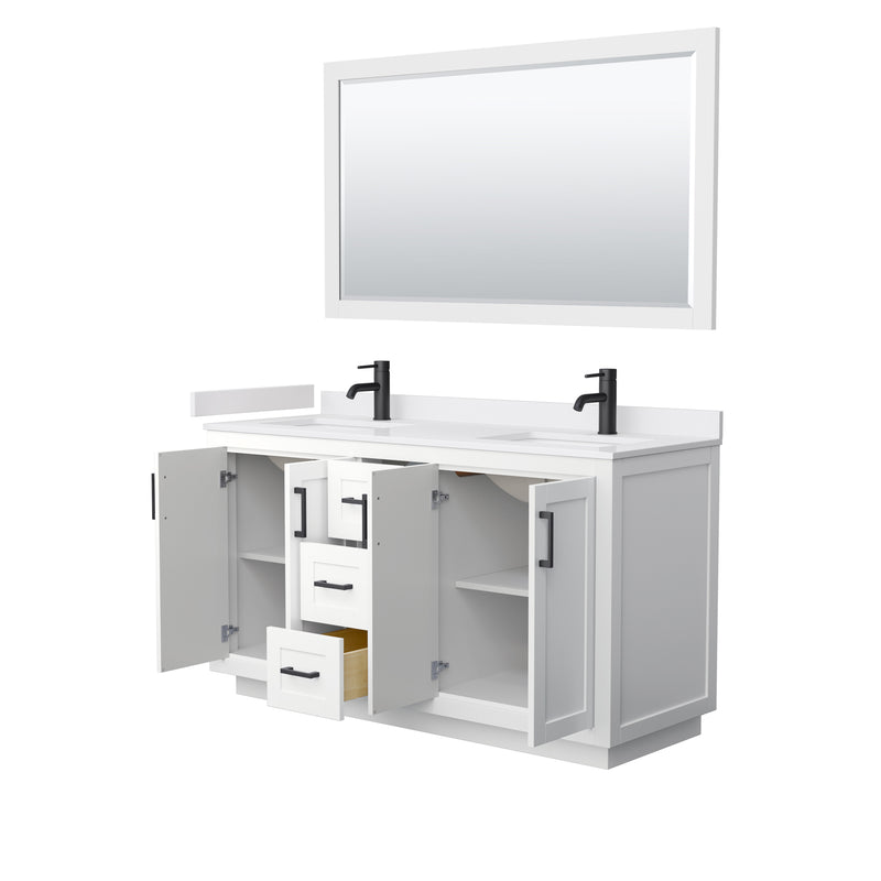 Wyndham Miranda 60" Double Bathroom Vanity In White White Cultured Marble Countertop Undermount Square Sinks Black Trims and 58" Mirror WCF292960DWBWCUNSM58