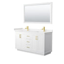 Wyndham Miranda 60" Double Bathroom Vanity In White Light-Vein Carrara Cultured Marble Countertop Undermount Square Sinks Brushed Gold Trims And 58" Mirror WCF292960DWGC2UNSM58