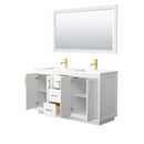 Wyndham Miranda 60" Double Bathroom Vanity In White Matte White Solid Surface In 1.25" Thickness Integrated Sinks Brushed Gold Trims and 58" Mirror WCF292960DWGK1INTM58