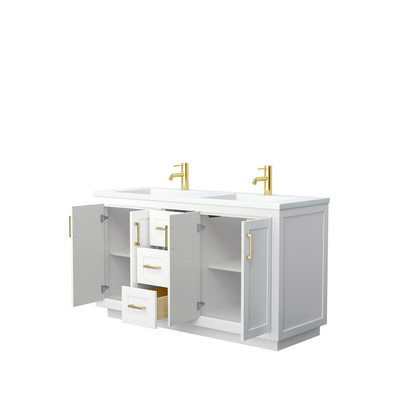 Wyndham Miranda 60" Double Bathroom Vanity In White Matte White Solid Surface In 1.25" Thickness Integrated Sinks Brushed Gold Trims and No Mirror WCF292960DWGK1INTMXX