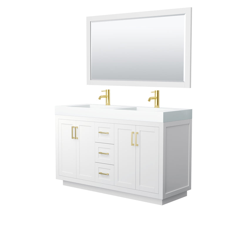 Wyndham Miranda 60" Double Bathroom Vanity In White Matte White Solid Surface In 4" Thickness Integrated Sinks Brushed Gold Trims And 58" Mirror WCF292960DWGK4INTM58