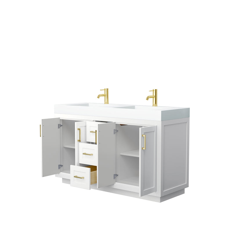 Wyndham Miranda 60" Double Bathroom Vanity In White Matte White Solid Surface In 4" Thickness Integrated Sinks Brushed Gold Trims and No Mirror WCF292960DWGK4INTMXX