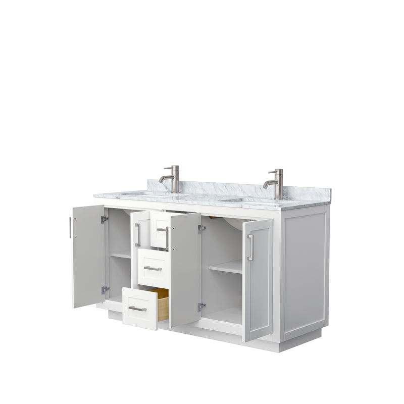 Wyndham Miranda 60" Double Bathroom Vanity In White White Carrara Marble Countertop Undermount Square Sinks Brushed Nickel Trims and No Mirror WCF292960DWHCMUNSMXX