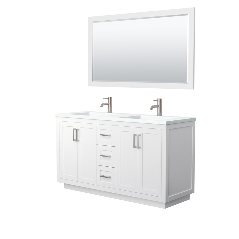 Wyndham Miranda 60" Double Bathroom Vanity In White Matte White Solid Surface In 1.25" Thickness Integrated Sinks Brushed Nickel Trims And 58" Mirror WCF292960DWHK1INTM58