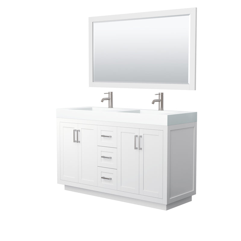 Wyndham Miranda 60" Double Bathroom Vanity In White Matte White Solid Surface In 4" Thickness Integrated Sinks Brushed Nickel Trims And 58" Mirror WCF292960DWHK4INTM58