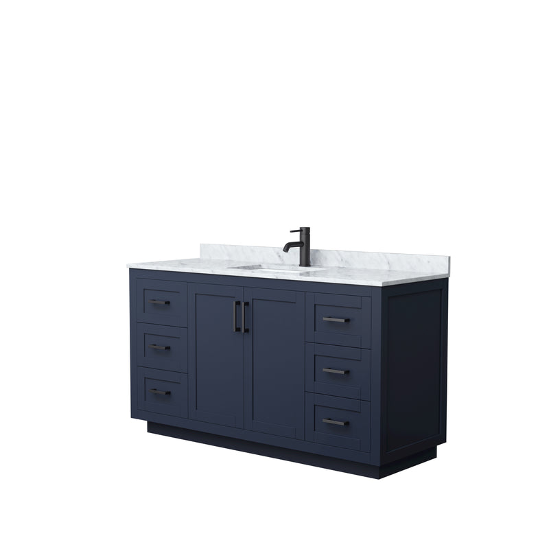 Wyndham Miranda 60" Single Bathroom Vanity In Dark Blue White Carrara Marble Countertop Undermount Square Sink Black Trims And No Mirror WCF292960SBBCMUNSMXX