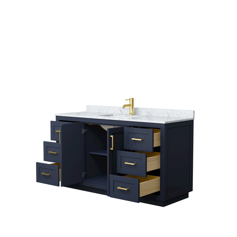 Wyndham Miranda 60" Single Bathroom Vanity In Dark Blue White Carrara Marble Countertop Undermount Square Sink Brushed Gold Trims and No Mirror WCF292960SBLCMUNSMXX