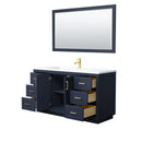 Wyndham Miranda 60" Single Bathroom Vanity In Dark Blue Matte White Solid Surface In 1.25" Thickness Integrated Sink Brushed Gold Trims and 58" Mirror WCF292960SBLK1INTM58