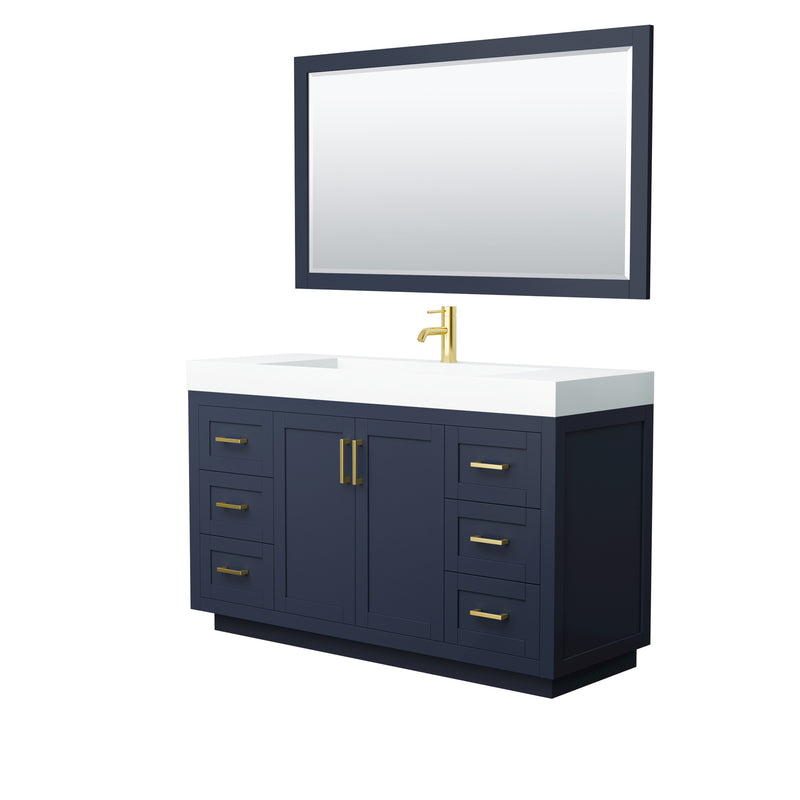 Wyndham Miranda 60" Single Bathroom Vanity In Dark Blue Matte White Solid Surface In 4" Thickness Integrated Sink Brushed Gold Trims And 58" Mirror WCF292960SBLK4INTM58