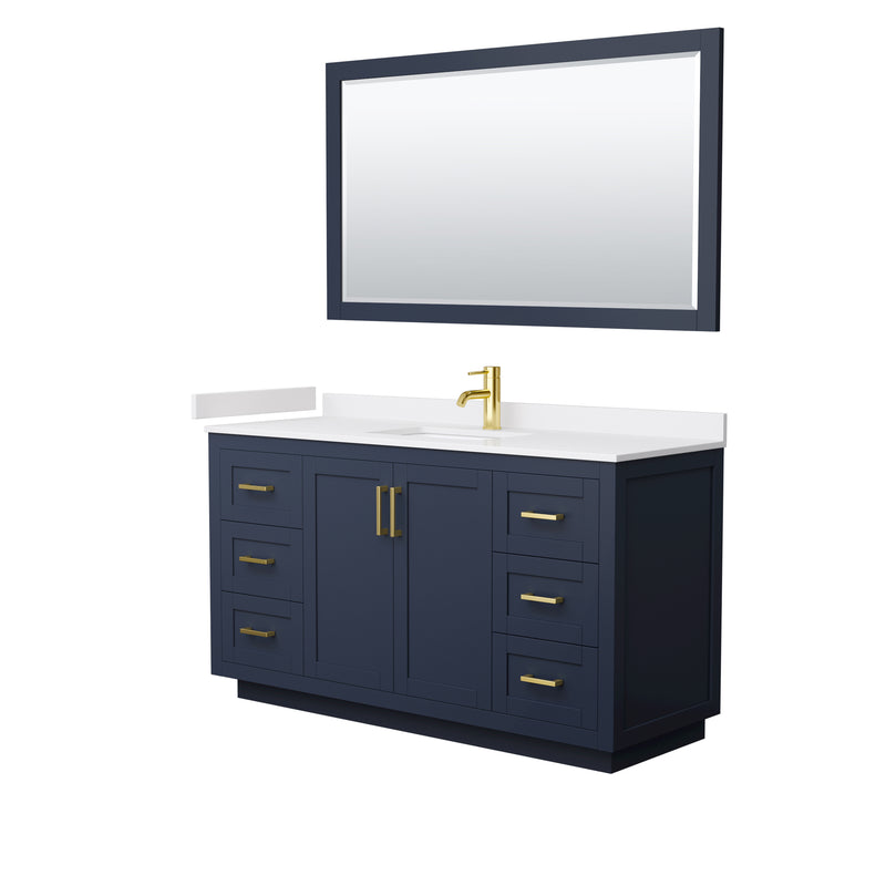 Wyndham Miranda 60" Single Bathroom Vanity In Dark Blue White Cultured Marble Countertop Undermount Square Sink Brushed Gold Trims And 58" Mirror WCF292960SBLWCUNSM58