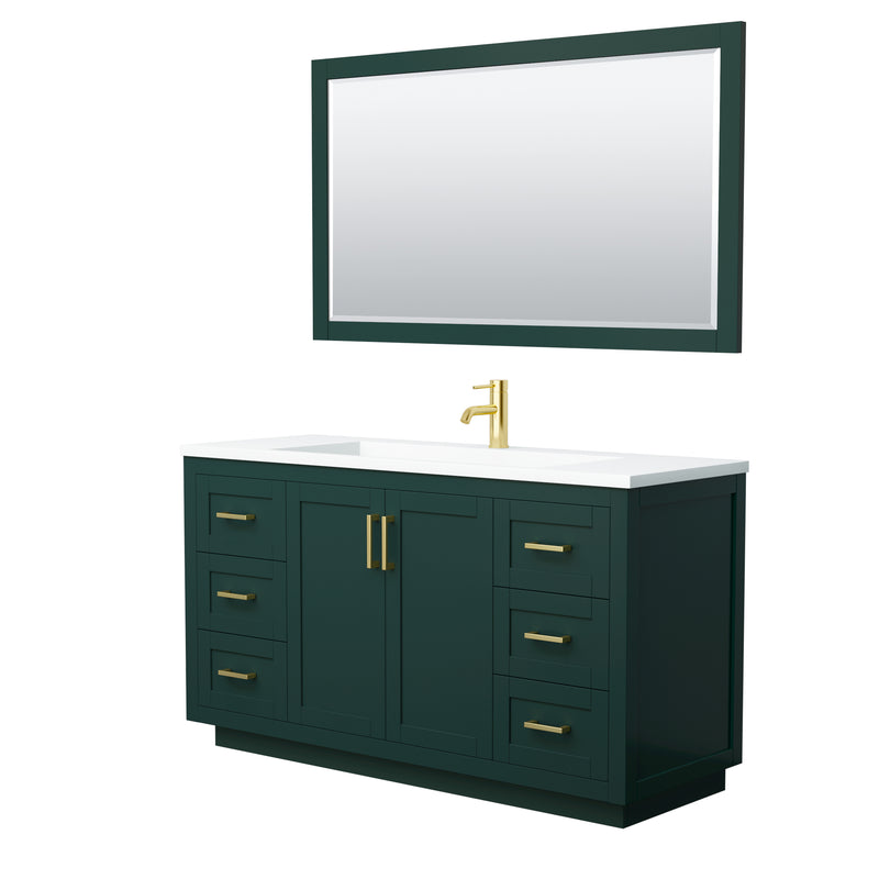 Wyndham Miranda 60" Single Bathroom Vanity In Green 1.25" Thick Matte White Solid Surface Countertop Integrated Sink Brushed Gold Trim 58" Mirror WCF292960SGDK1INTM58