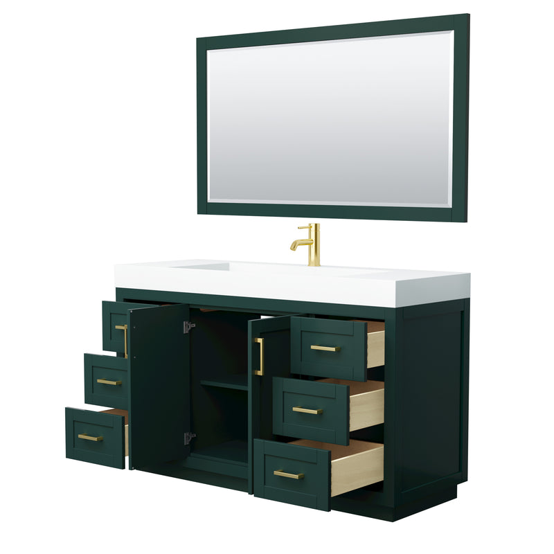 Wyndham Miranda 60" Single Bathroom Vanity In Green 4" Thick Matte White Solid Surface Countertop Integrated Sink Brushed Gold Trim 58" Mirror WCF292960SGDK4INTM58