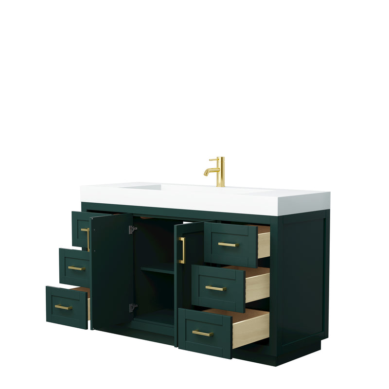 Wyndham Miranda 60" Single Bathroom Vanity In Green 4" Thick Matte White Solid Surface Countertop Integrated Sink Brushed Gold Trim WCF292960SGDK4INTMXX