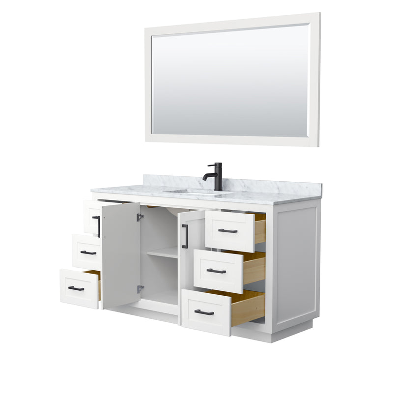 Wyndham Miranda 60" Single Bathroom Vanity In White White Carrara Marble Countertop Undermount Square Sink Black Trims and 58" Mirror WCF292960SWBCMUNSM58