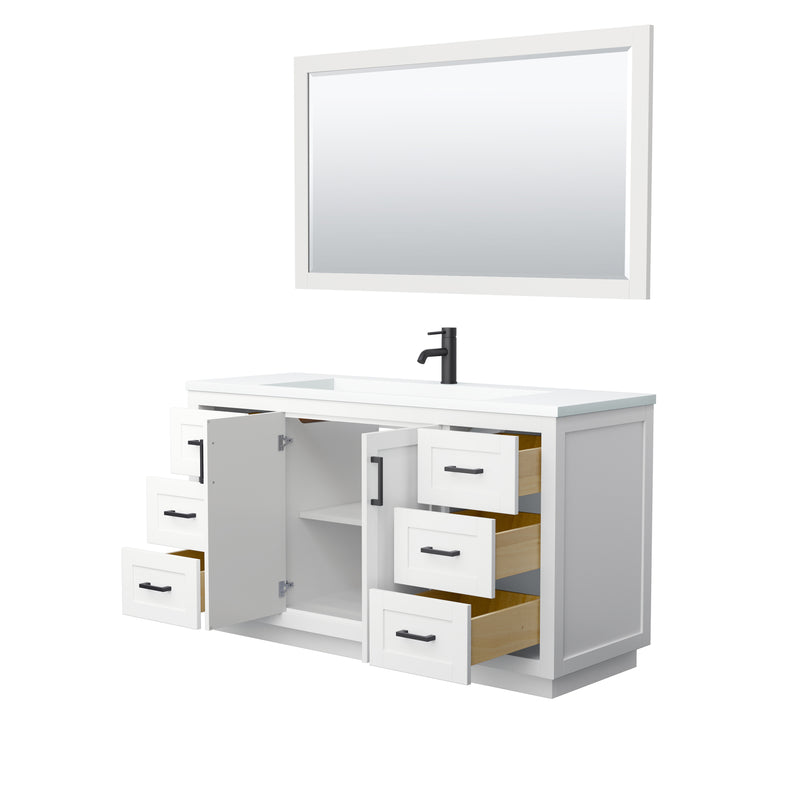 Wyndham Miranda 60" Single Bathroom Vanity In White Matte White Solid Surface In 1.25" Thickness Integrated Sink Black Trims and 58" Mirror WCF292960SWBK1INTM58