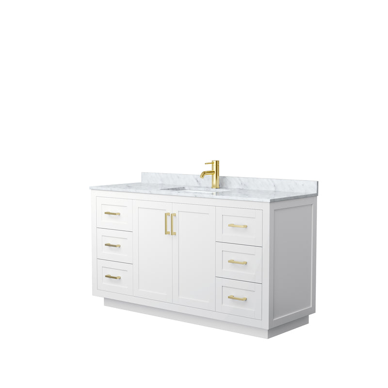 Wyndham Miranda 60" Single Bathroom Vanity In White White Carrara Marble Countertop Undermount Square Sink Brushed Gold Trims And No Mirror WCF292960SWGCMUNSMXX