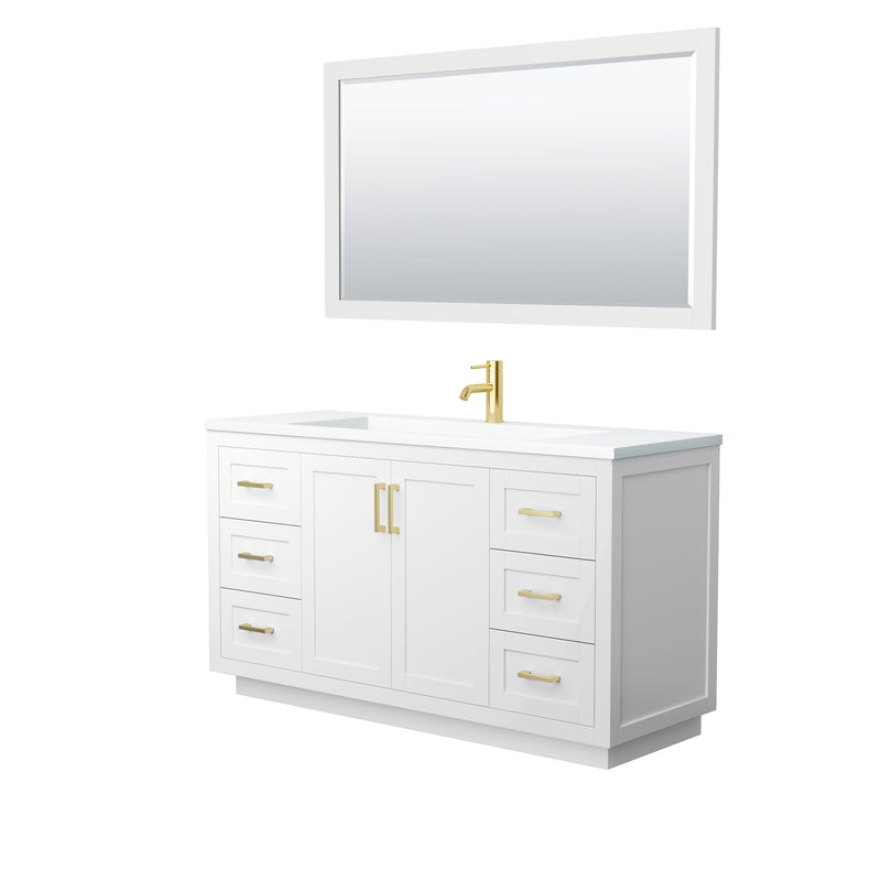 Wyndham Miranda 60" Single Bathroom Vanity In White Matte White Solid Surface In 1.25" Thickness Integrated Sink Brushed Gold Trims And 58" Mirror WCF292960SWGK1INTM58