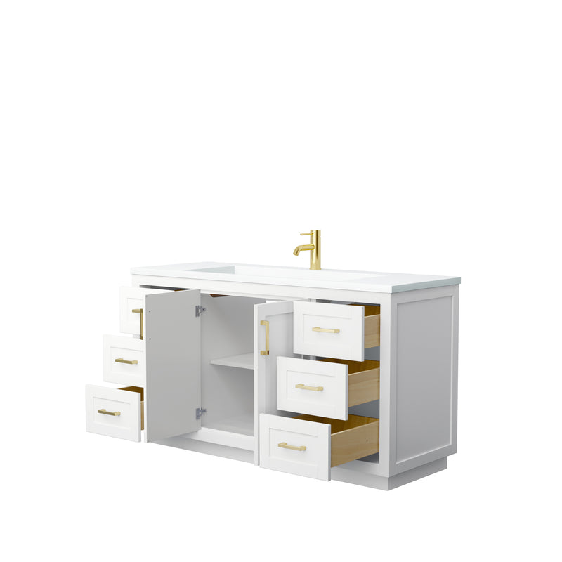 Wyndham Miranda 60" Single Bathroom Vanity In White Matte White Solid Surface In 1.25" Thickness Integrated Sink Brushed Gold Trims and No Mirror WCF292960SWGK1INTMXX