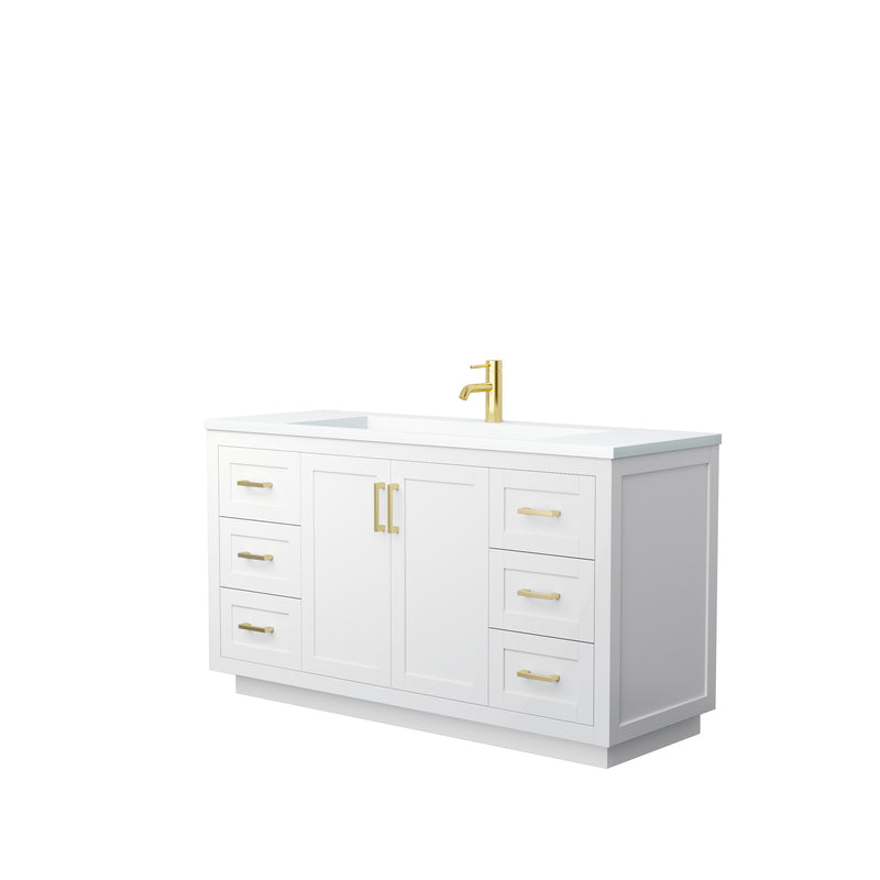 Wyndham Miranda 60" Single Bathroom Vanity In White Matte White Solid Surface In 1.25" Thickness Integrated Sink Brushed Gold Trims And No Mirror WCF292960SWGK1INTMXX