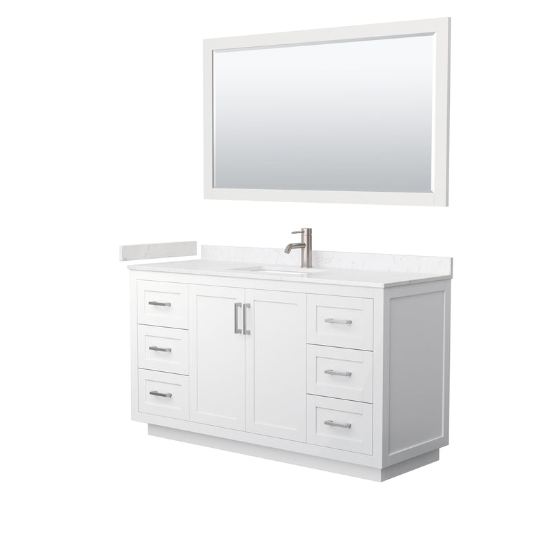 Wyndham Miranda 60" Single Bathroom Vanity In White Light-Vein Carrara Cultured Marble Countertop Undermount Square Sink Brushed Nickel Trims And 58" Mirror WCF292960SWHC2UNSM58