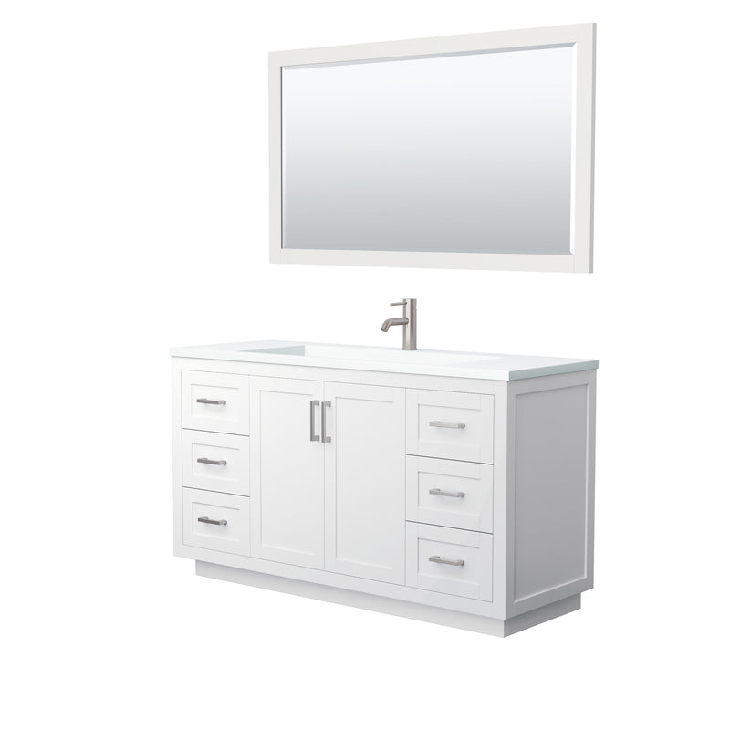 Wyndham Miranda 60" Single Bathroom Vanity In White Matte White Solid Surface In 1.25" Thickness Integrated Sink Brushed Nickel Trims And 58" Mirror WCF292960SWHK1INTM58