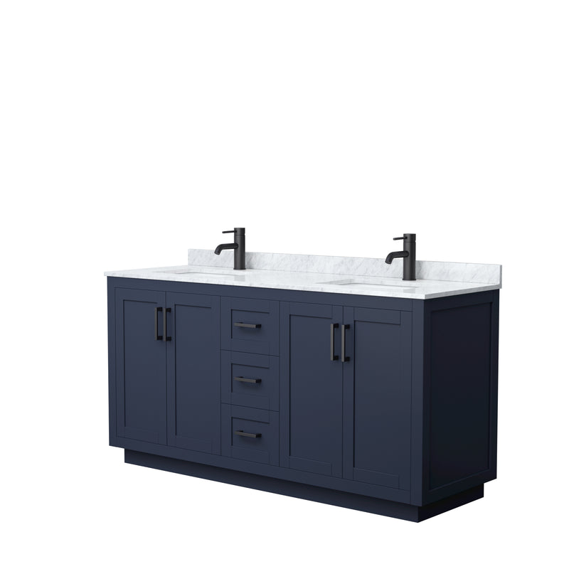 Wyndham Miranda 66" Double Bathroom Vanity In Dark Blue White Carrara Marble Countertop Undermount Square Sinks Matte Black Trim WCF292966DBBCMUNSMXX