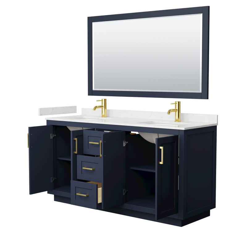 Wyndham Miranda 66" Double Bathroom Vanity In Dark Blue Light-Vein Carrara Cultured Marble Countertop Undermount Square Sinks Brushed Gold Trim 58" Mirror WCF292966DBLC2UNSM58