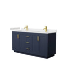 Wyndham Miranda 66" Double Bathroom Vanity In Dark Blue Light-Vein Carrara Cultured Marble Countertop Undermount Square Sinks Brushed Gold Trim WCF292966DBLC2UNSMXX