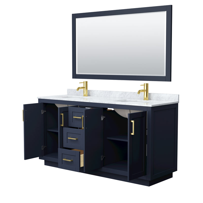 Wyndham Miranda 66" Double Bathroom Vanity In Dark Blue White Carrara Marble Countertop Undermount Square Sinks Brushed Gold Trim 58" Mirror WCF292966DBLCMUNSM58